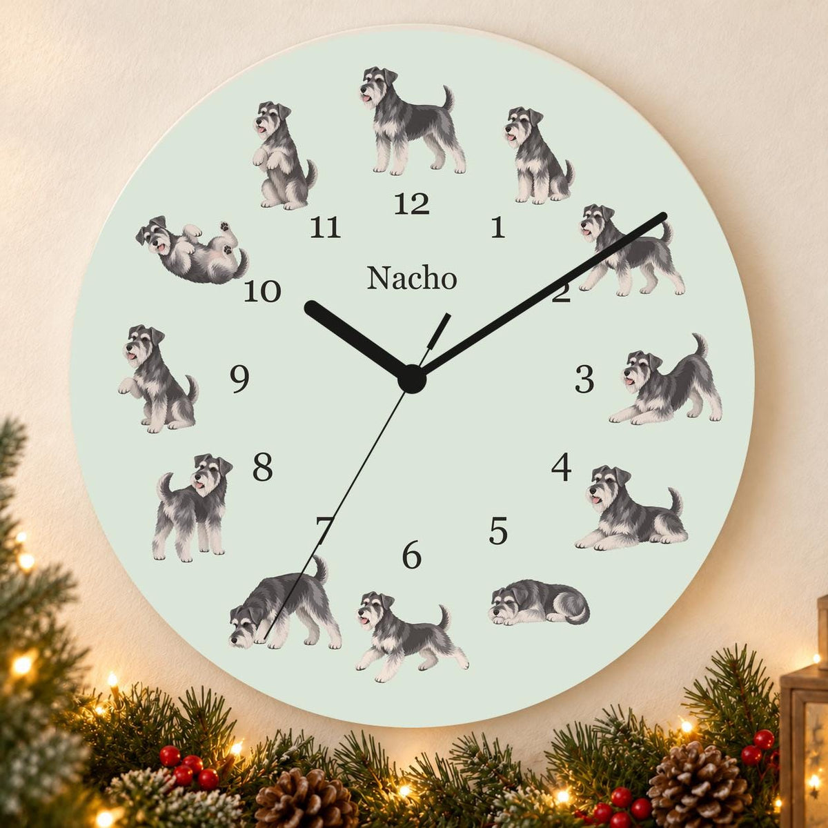 Personalized Miniature Schnauzer wooden wall clock with example name Nacho; holiday