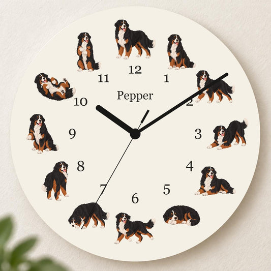 Personalized Bernese Mountain Dog wooden wall clock with example name Pepper; hero