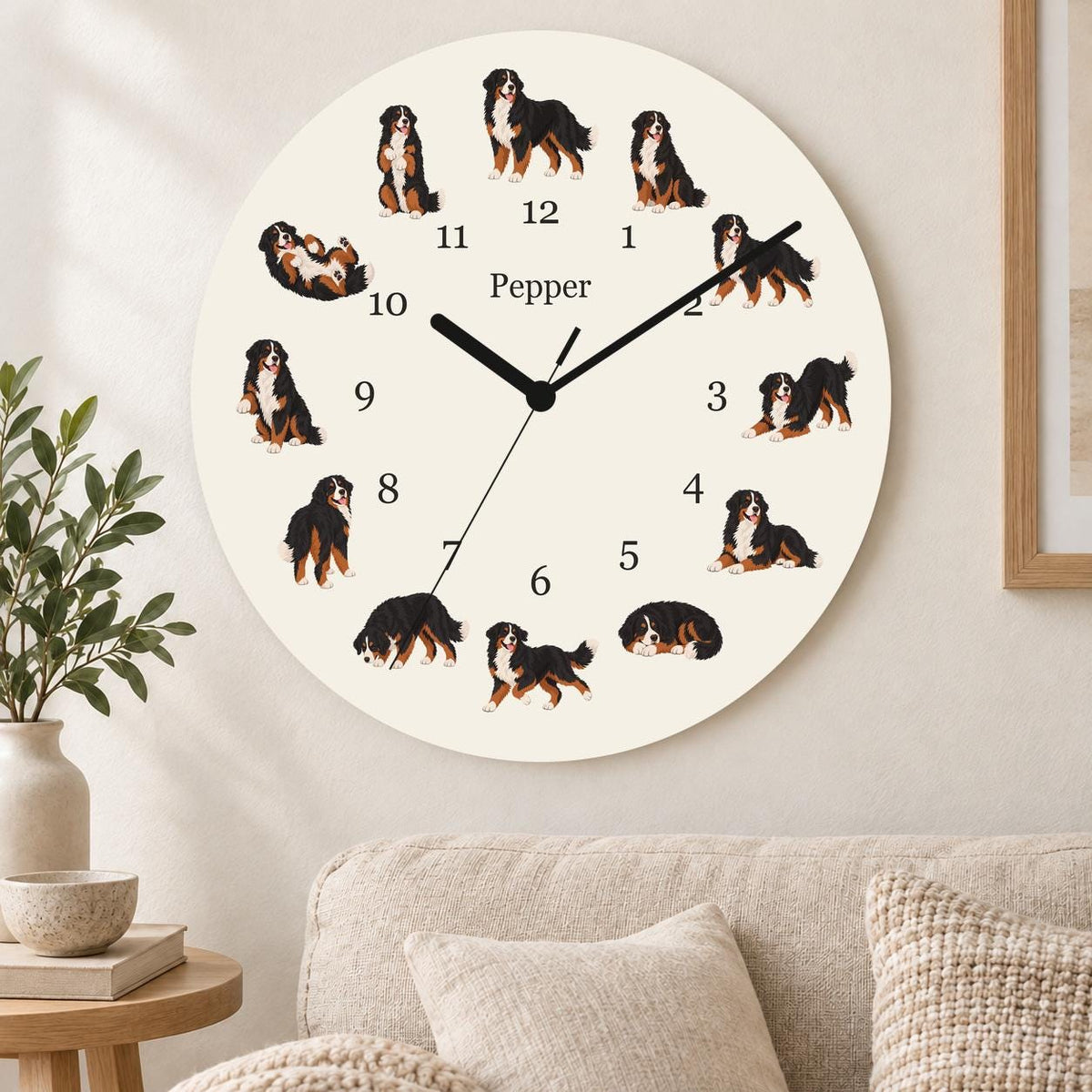 Personalized Bernese Mountain Dog wooden wall clock with example name Pepper; living room