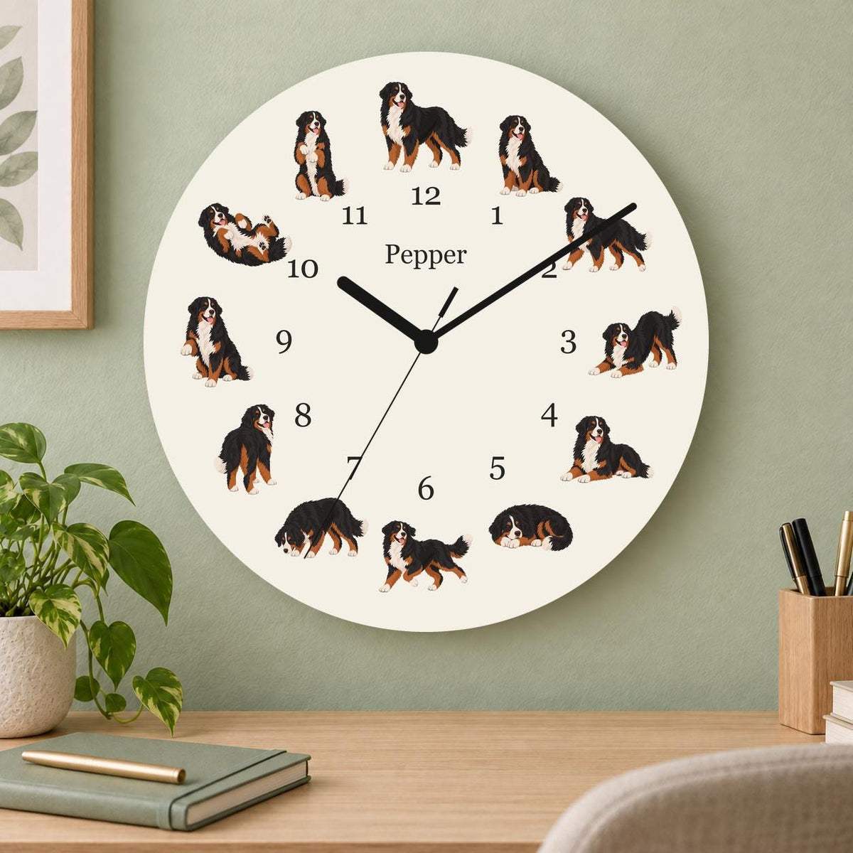 Personalized Bernese Mountain Dog wooden wall clock with example name Pepper; home office
