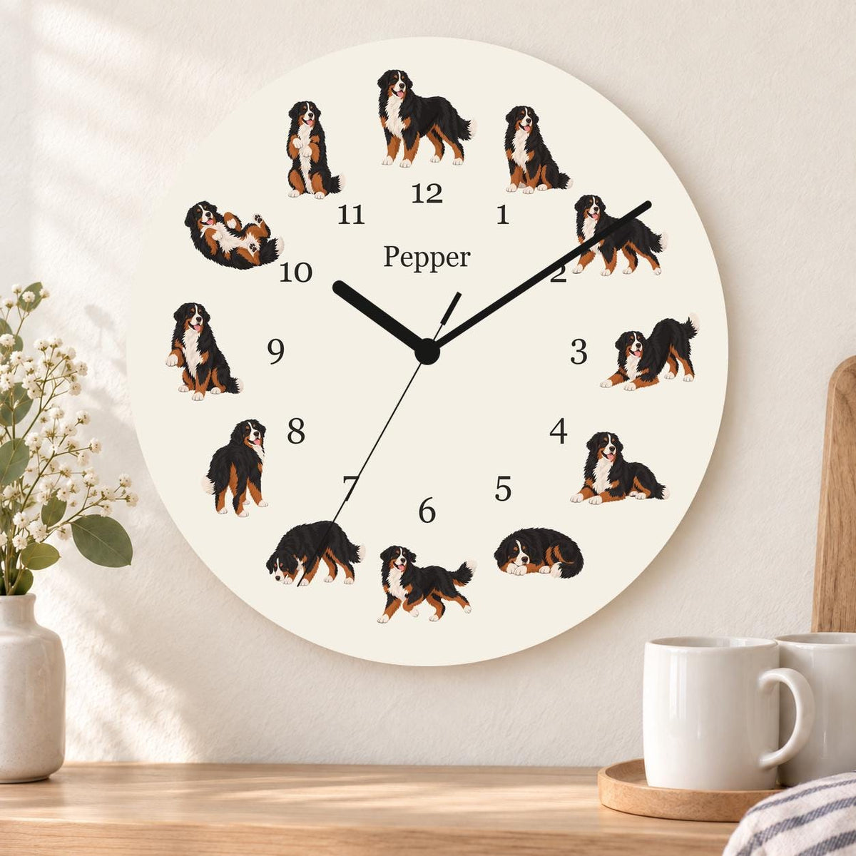 Personalized Bernese Mountain Dog wooden wall clock with example name Pepper; kitchen