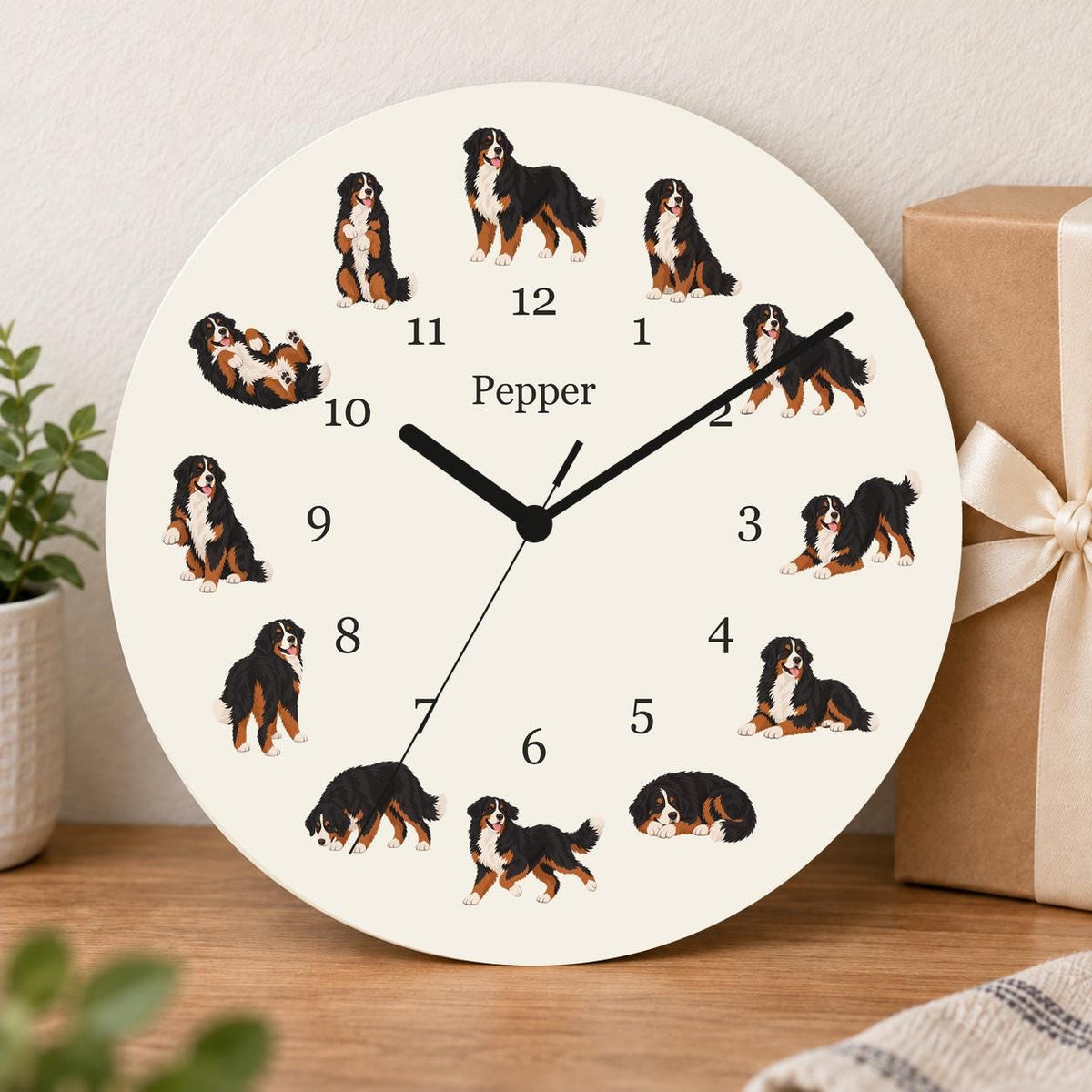 Personalized Bernese Mountain Dog wooden wall clock with example name Pepper; gift