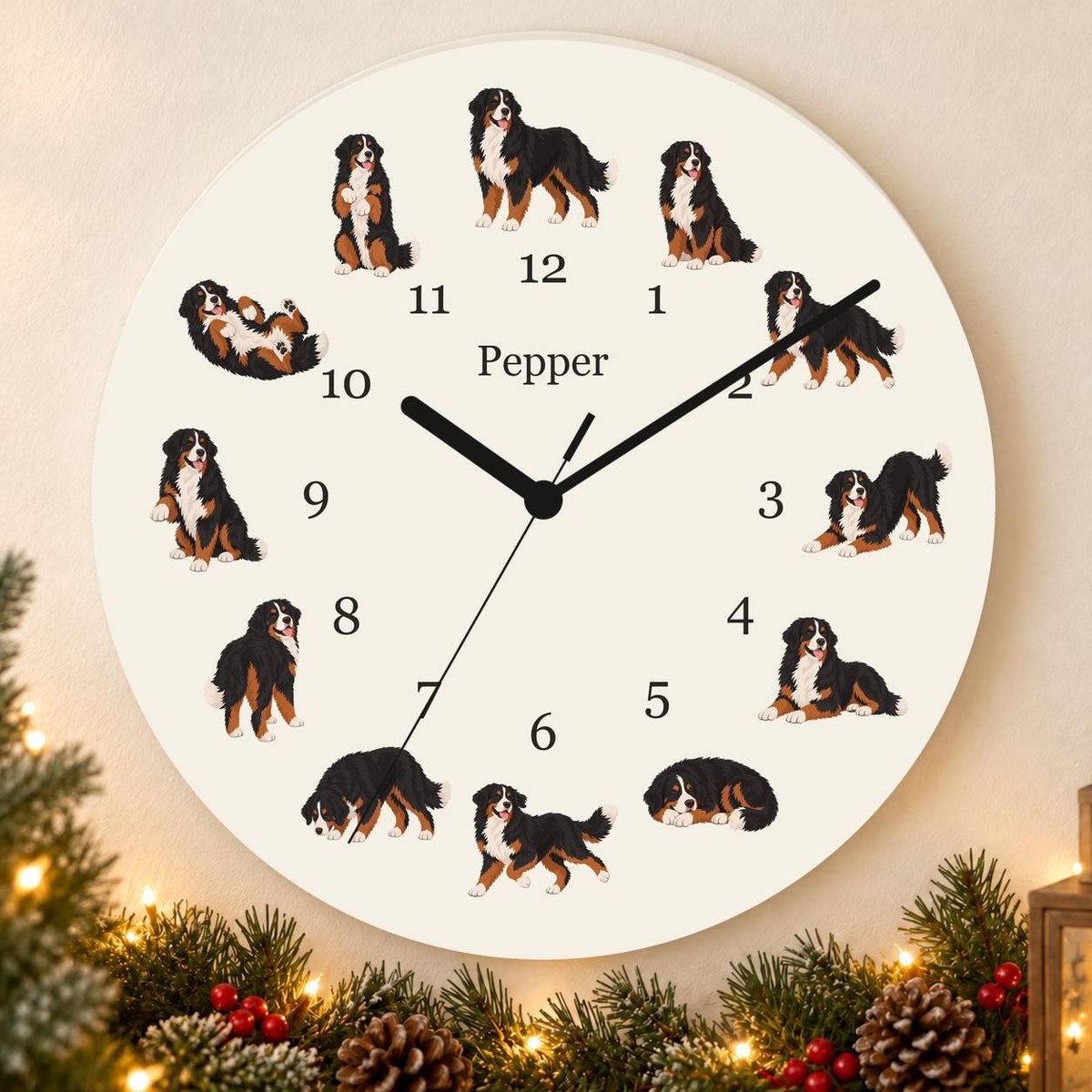Personalized Bernese Mountain Dog wooden wall clock with example name Pepper; holiday