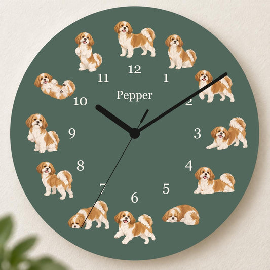 Personalized Shih Tzu wooden wall clock with example name Pepper; hero