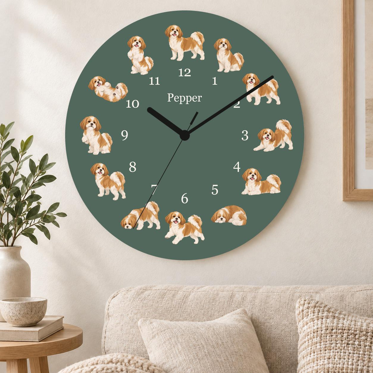 Personalized Shih Tzu wooden wall clock with example name Pepper; living room