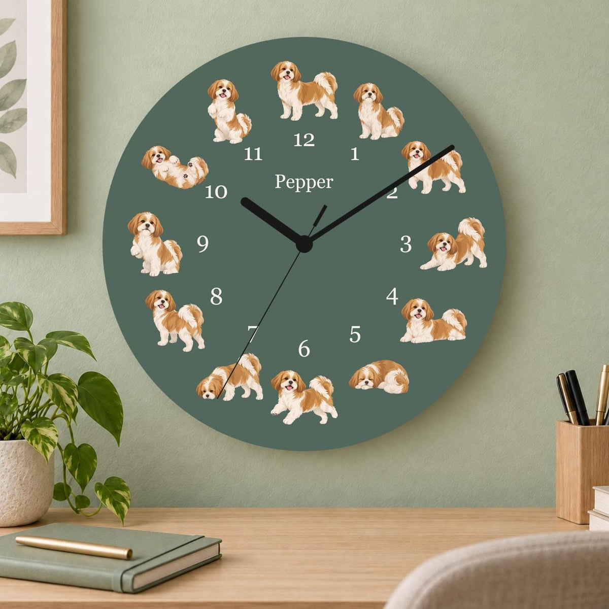 Personalized Shih Tzu wooden wall clock with example name Pepper; home office