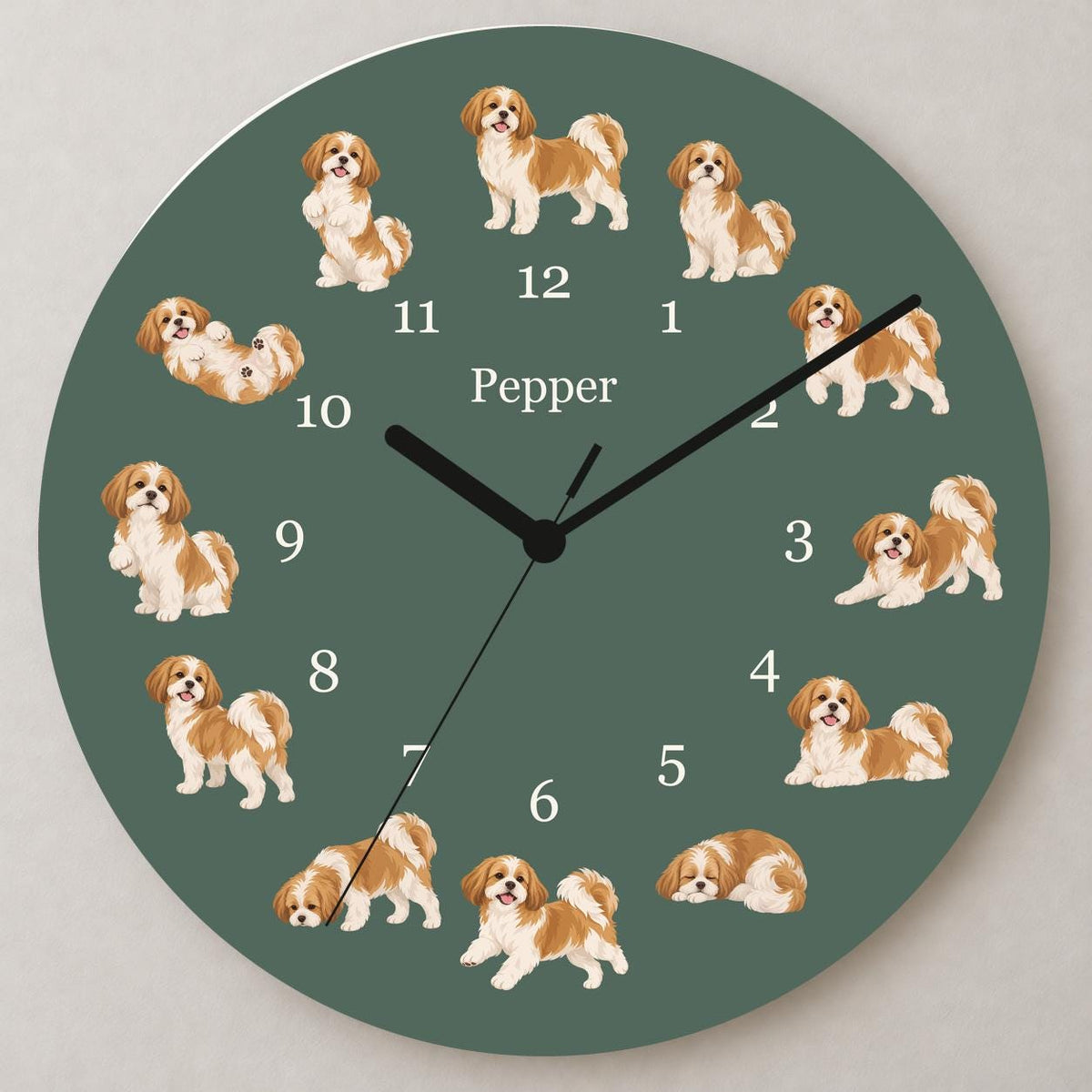 Personalized Shih Tzu wooden wall clock with example name Pepper; close up
