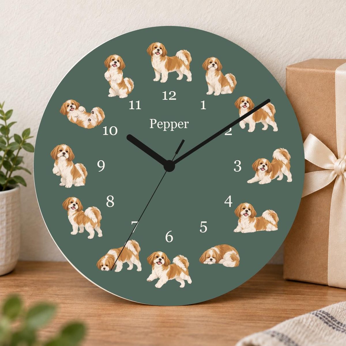 Personalized Shih Tzu wooden wall clock with example name Pepper; gift