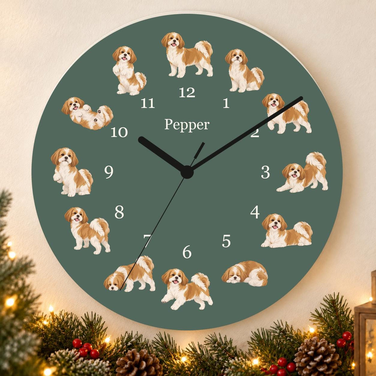 Personalized Shih Tzu wooden wall clock with example name Pepper; holiday