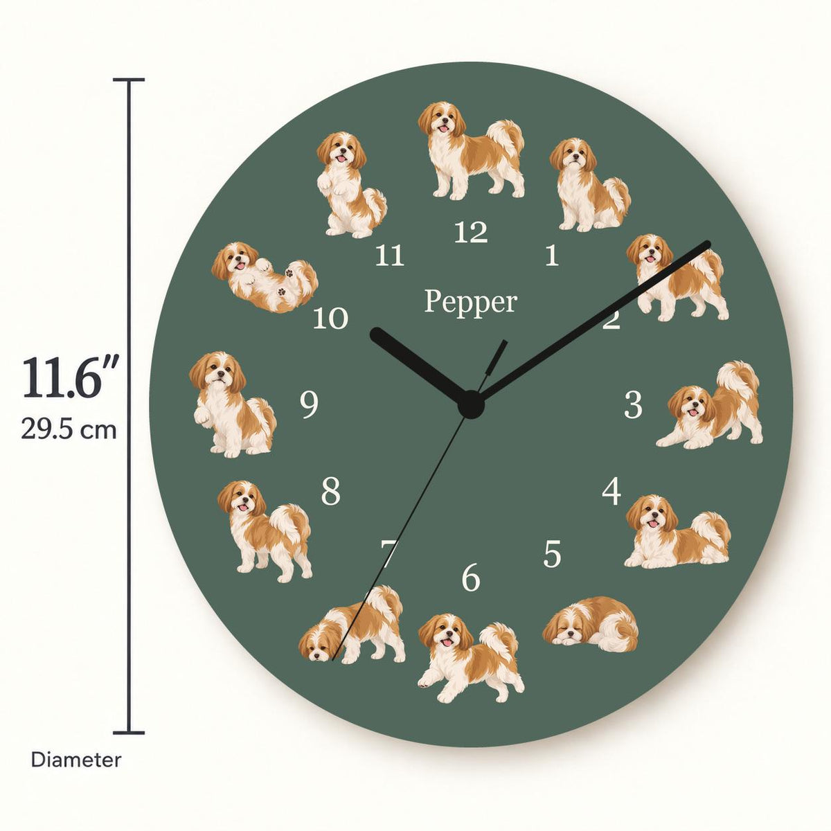 Personalized Shih Tzu wooden wall clock with example name Pepper; size