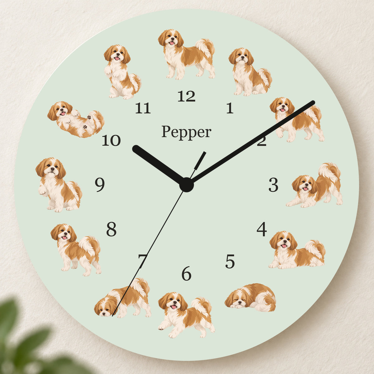 Personalized Shih Tzu Wall Clock, Custom Pet Name, 11.6 Inch Wooden Clock — Pale Sage background