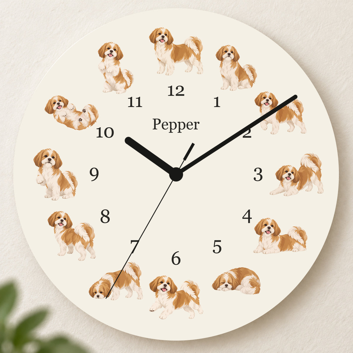Personalized Shih Tzu Wall Clock, Custom Pet Name, 11.6 Inch Wooden Clock — Warm Ivory background