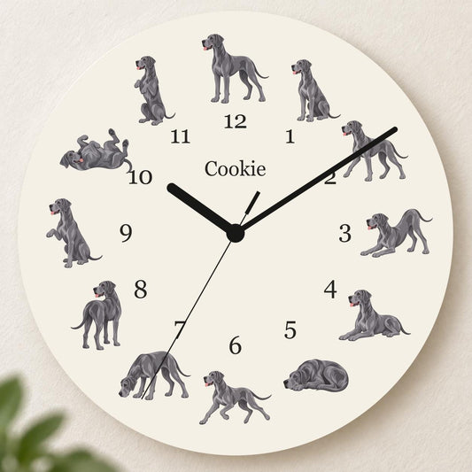 Personalized Great Dane wooden wall clock with example name Cookie; hero