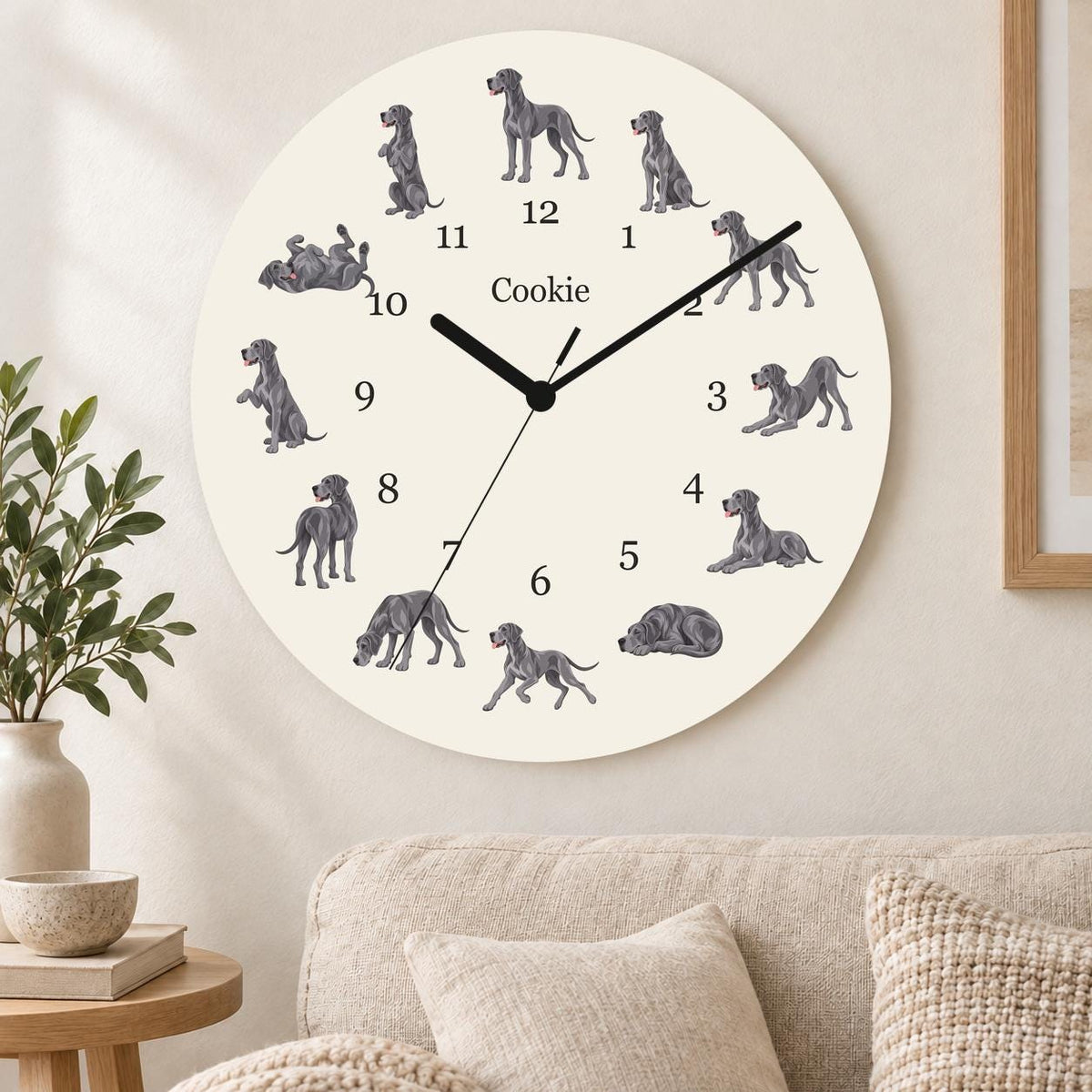 Personalized Great Dane wooden wall clock with example name Cookie; living room