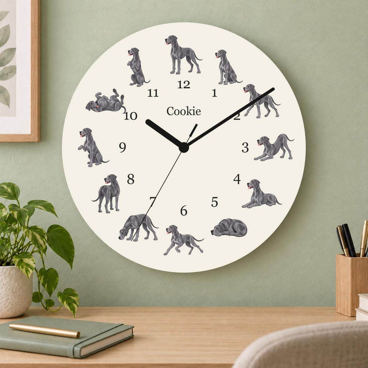 Personalized Great Dane wooden wall clock with example name Cookie; home office