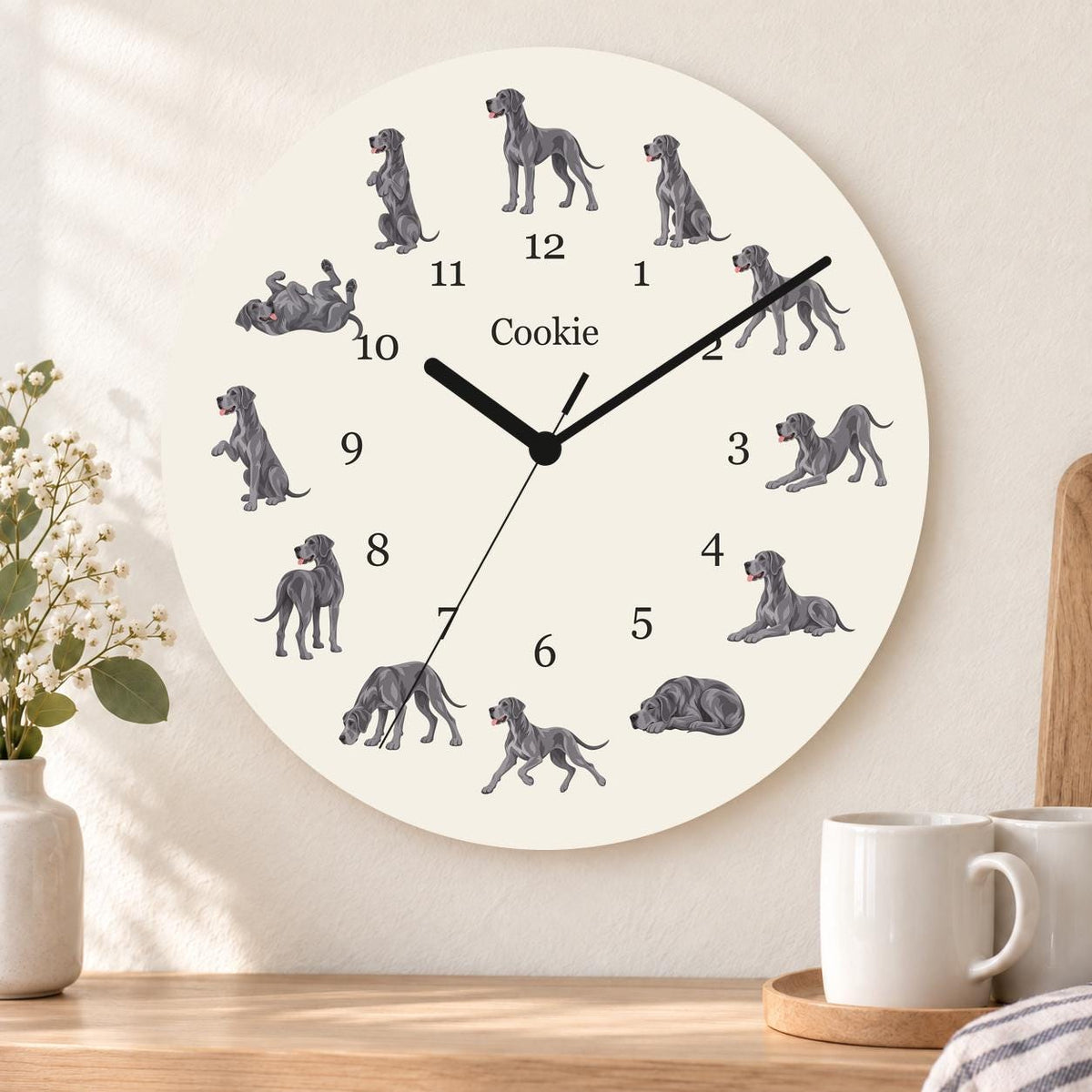 Personalized Great Dane wooden wall clock with example name Cookie; kitchen