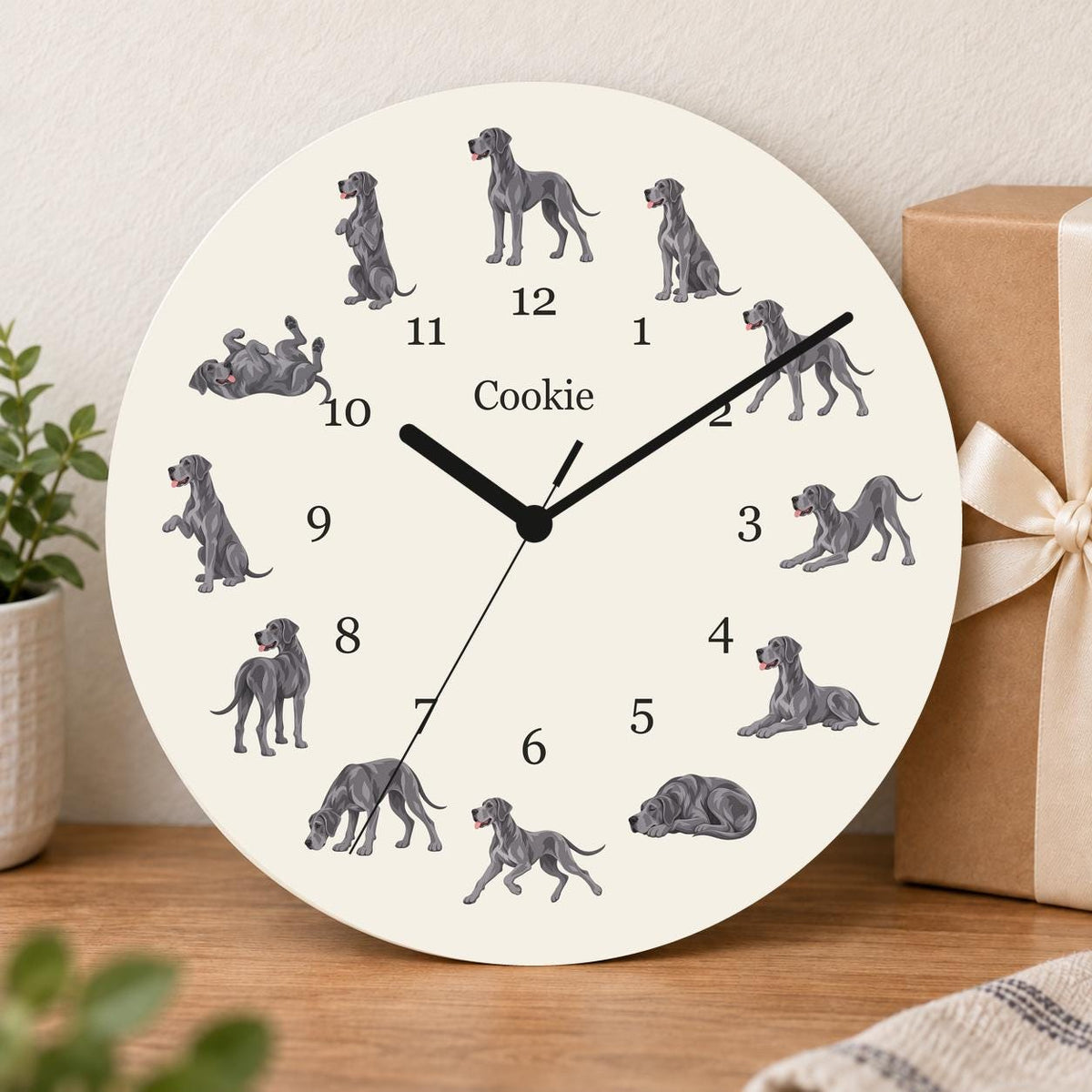 Personalized Great Dane wooden wall clock with example name Cookie; gift