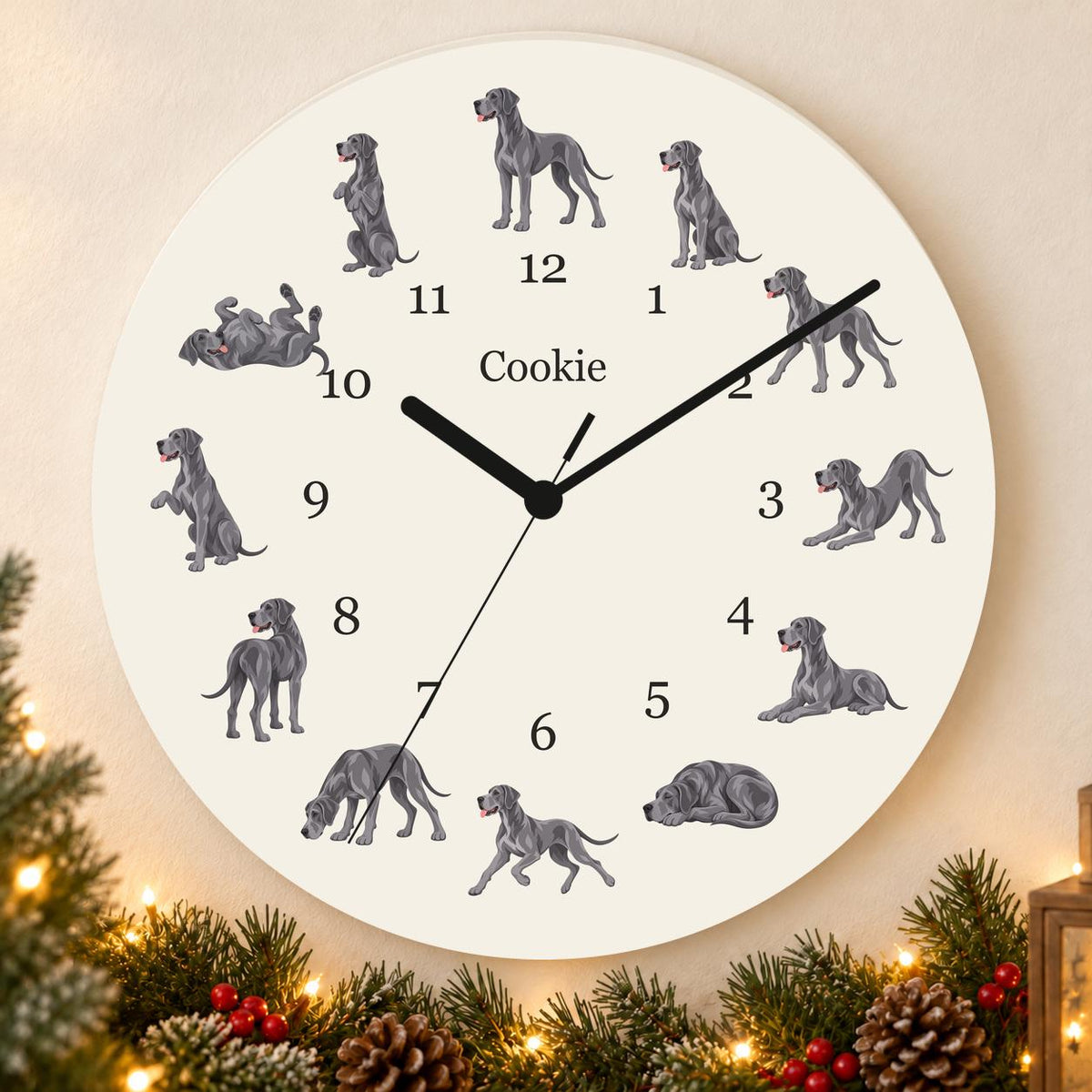 Personalized Great Dane wooden wall clock with example name Cookie; holiday