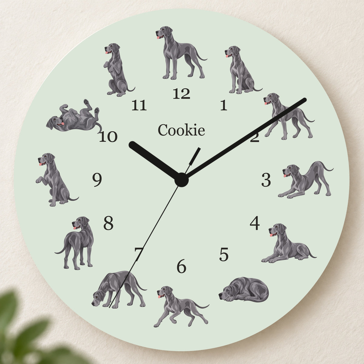 Personalized Great Dane Wall Clock, Custom Pet Name, 11.6 Inch Wooden Clock — Pale Sage background