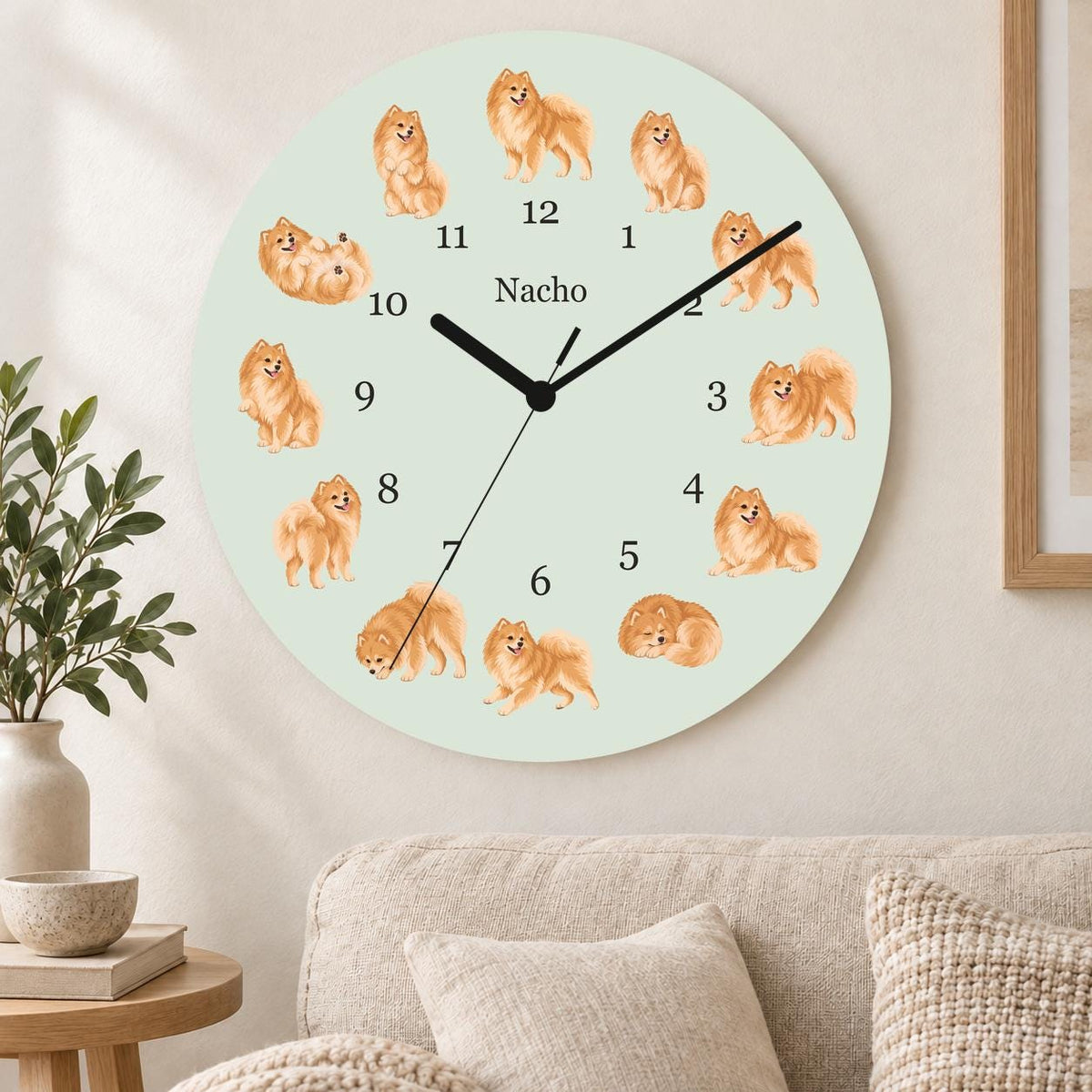 Personalized Pomeranian wooden wall clock with example name Nacho; living room