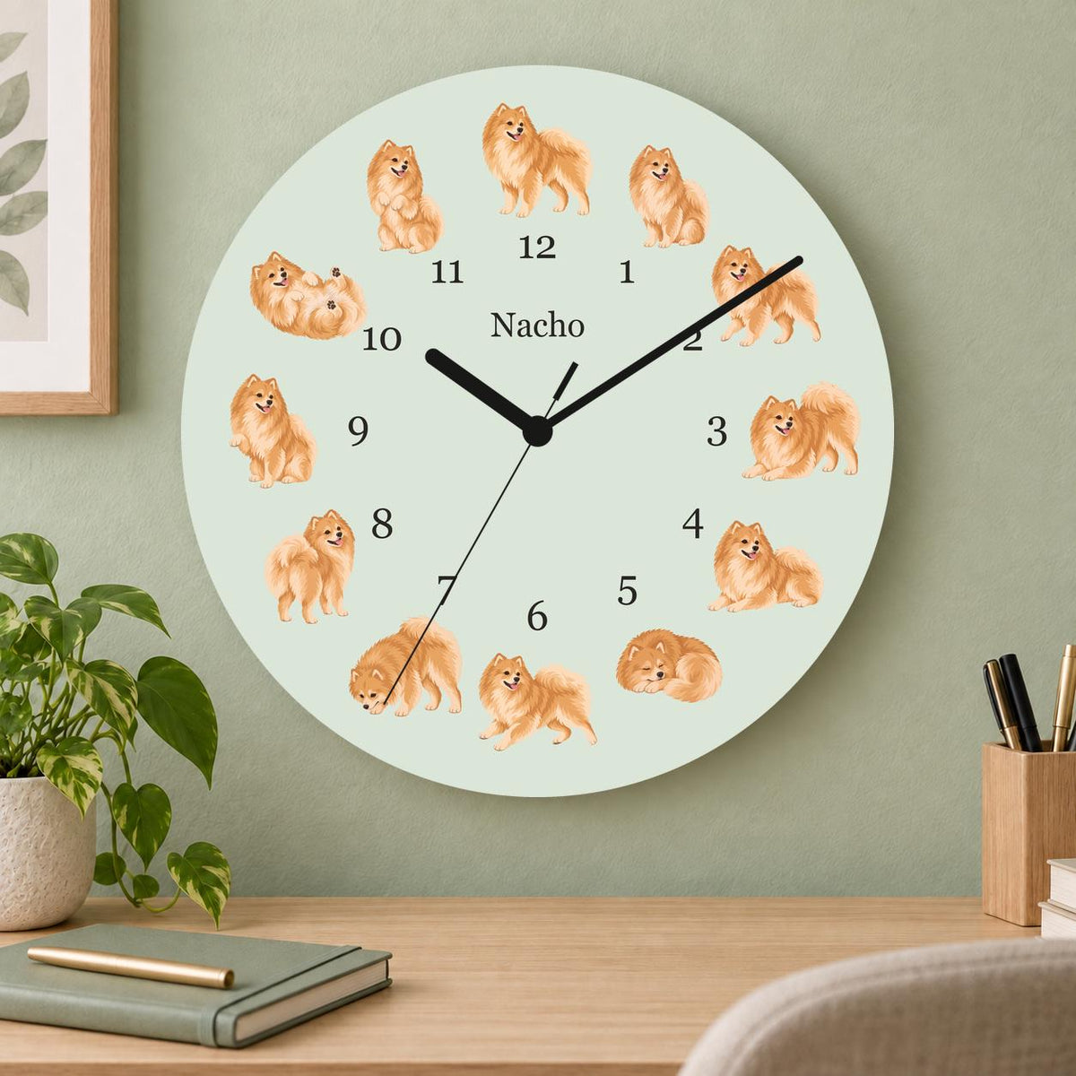 Personalized Pomeranian wooden wall clock with example name Nacho; home office