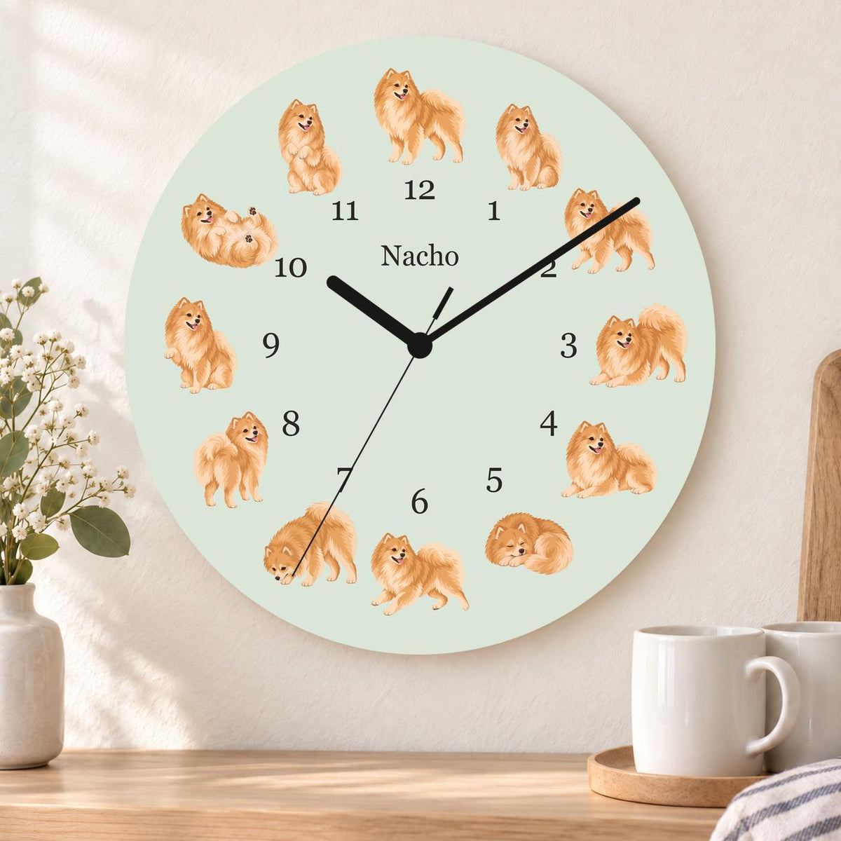 Personalized Pomeranian wooden wall clock with example name Nacho; kitchen