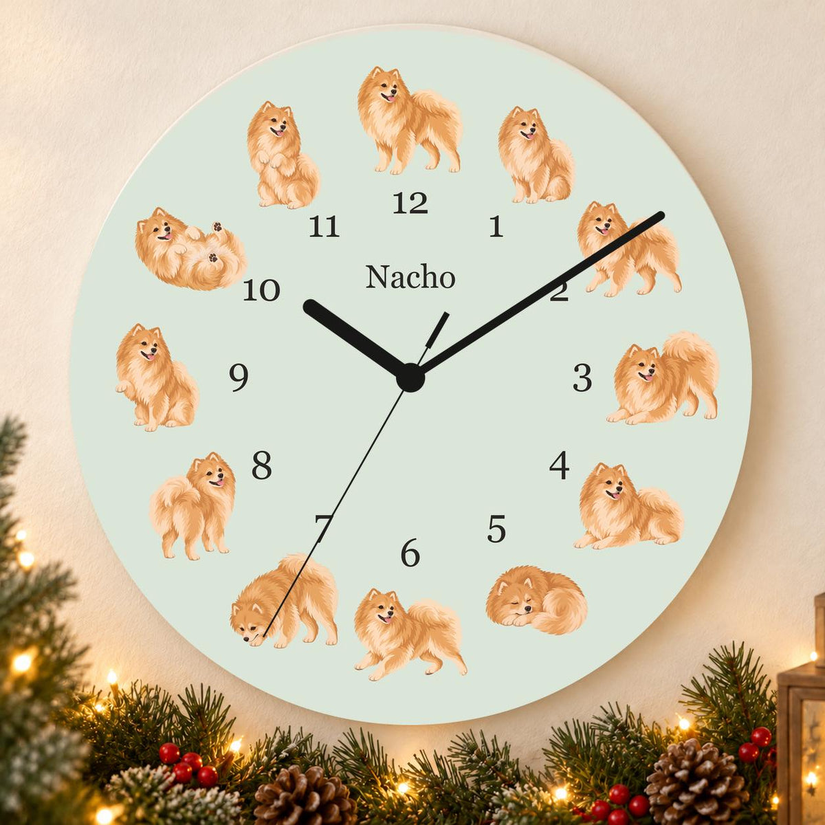 Personalized Pomeranian wooden wall clock with example name Nacho; holiday