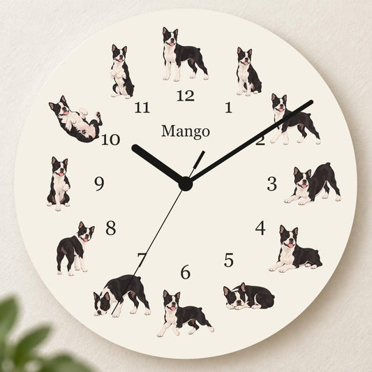 Personalized Boston Terrier wooden wall clock with example name Mango; hero