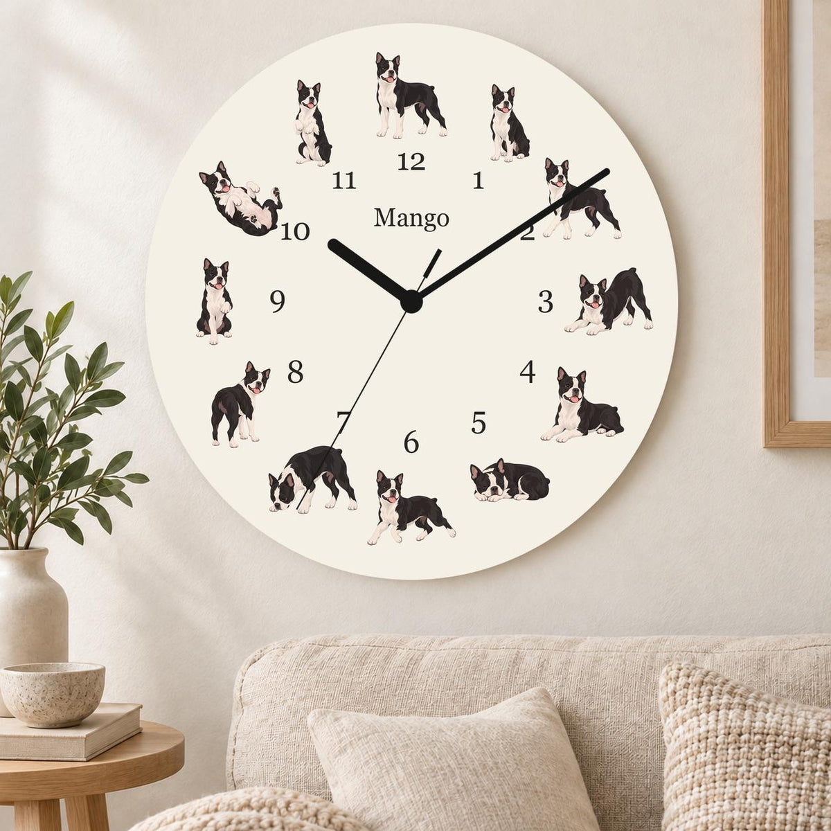 Personalized Boston Terrier wooden wall clock with example name Mango; living room
