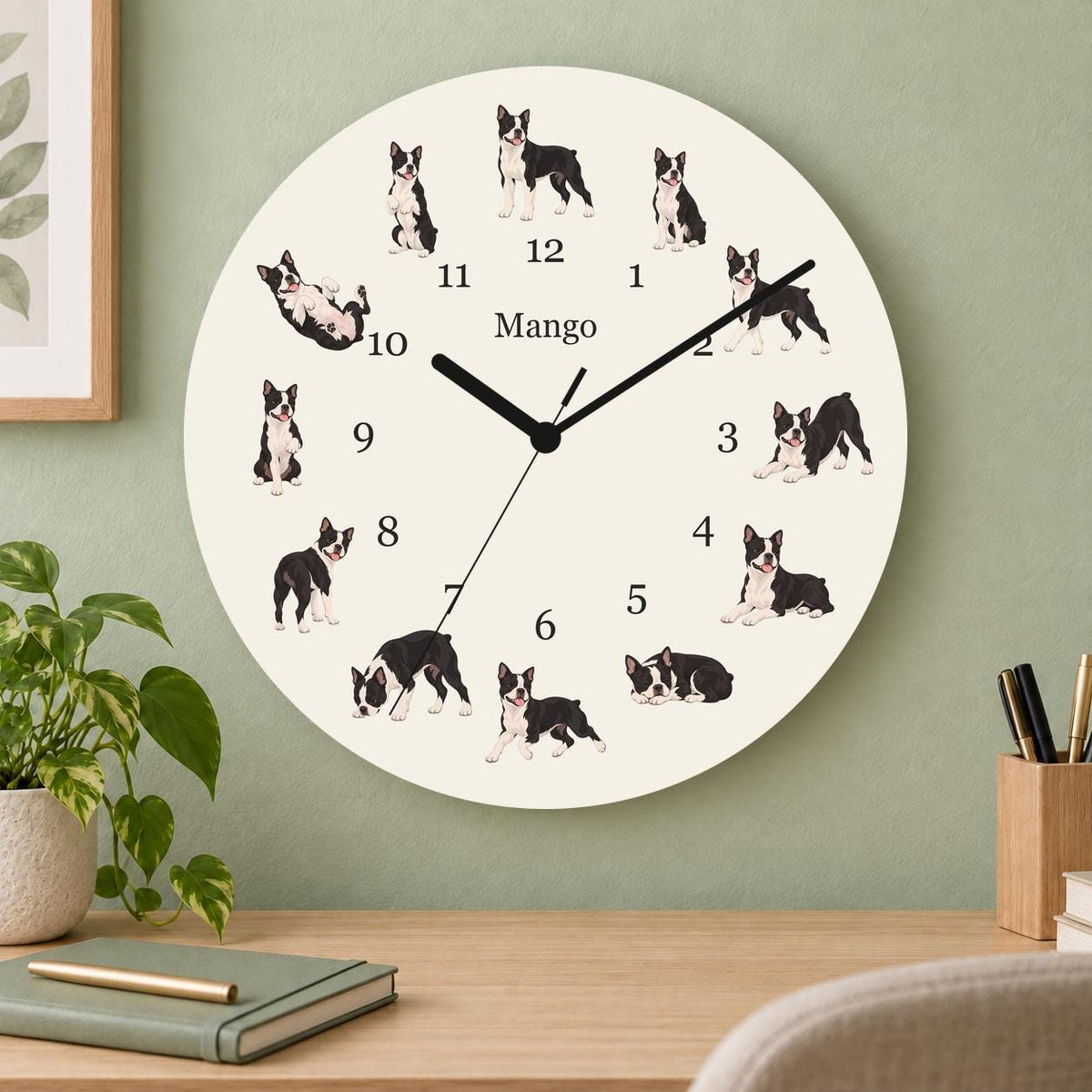 Personalized Boston Terrier wooden wall clock with example name Mango; home office