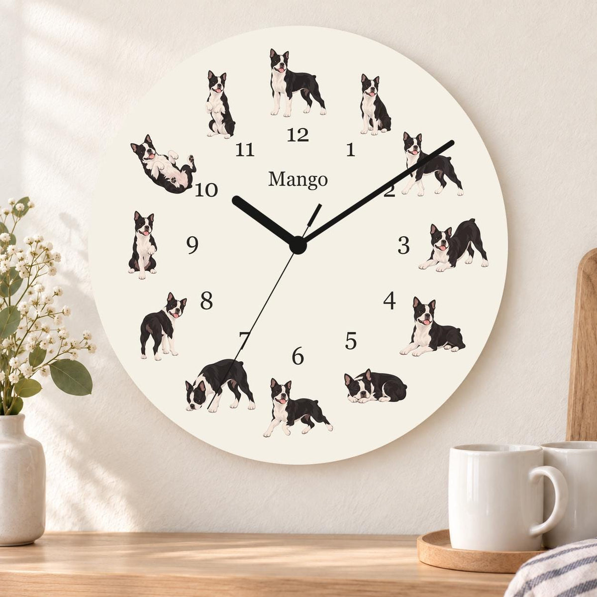 Personalized Boston Terrier wooden wall clock with example name Mango; kitchen