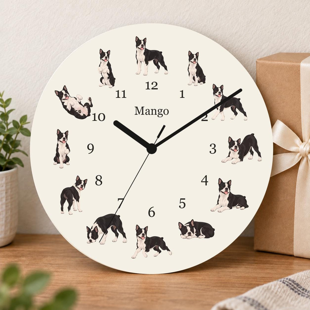 Personalized Boston Terrier wooden wall clock with example name Mango; gift