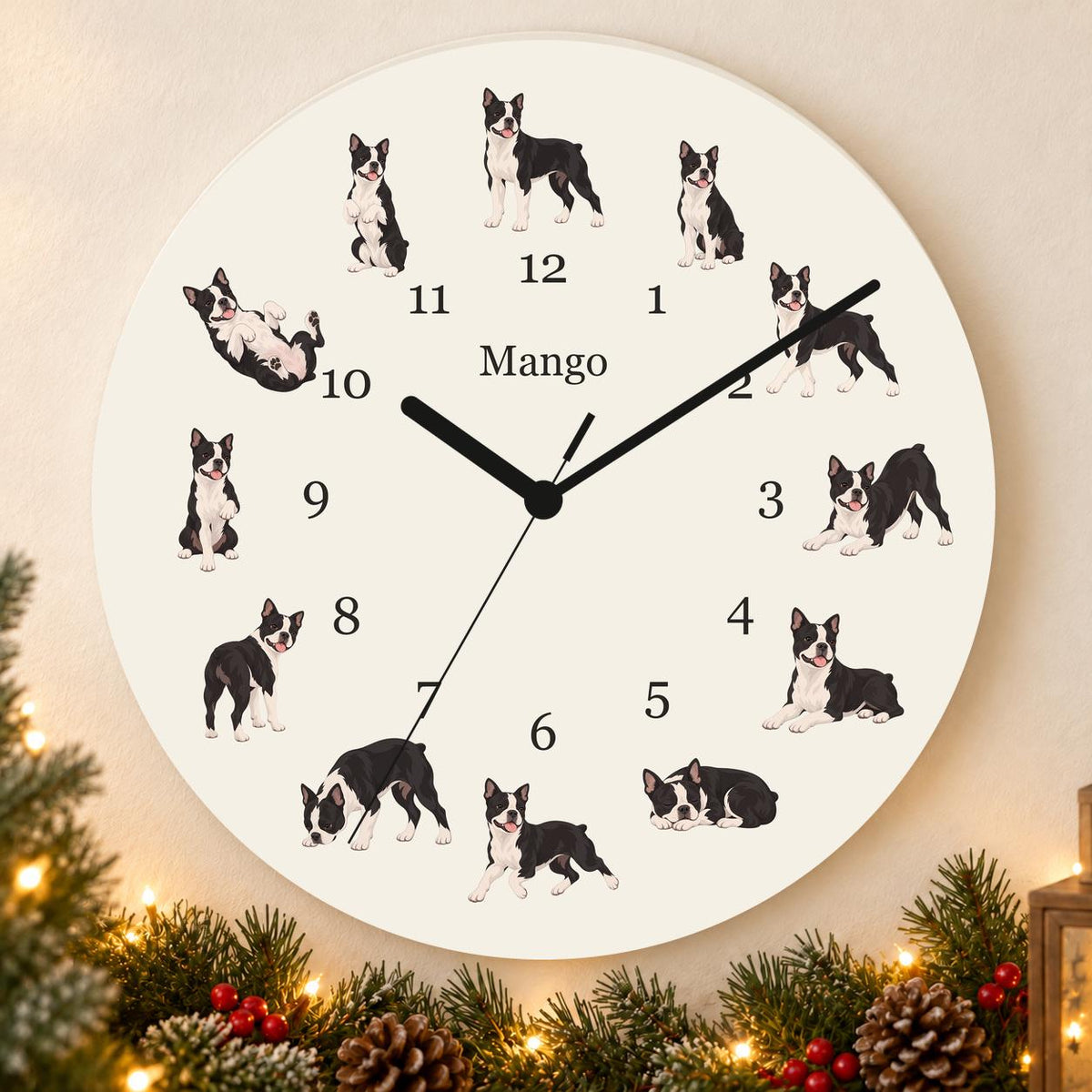 Personalized Boston Terrier wooden wall clock with example name Mango; holiday