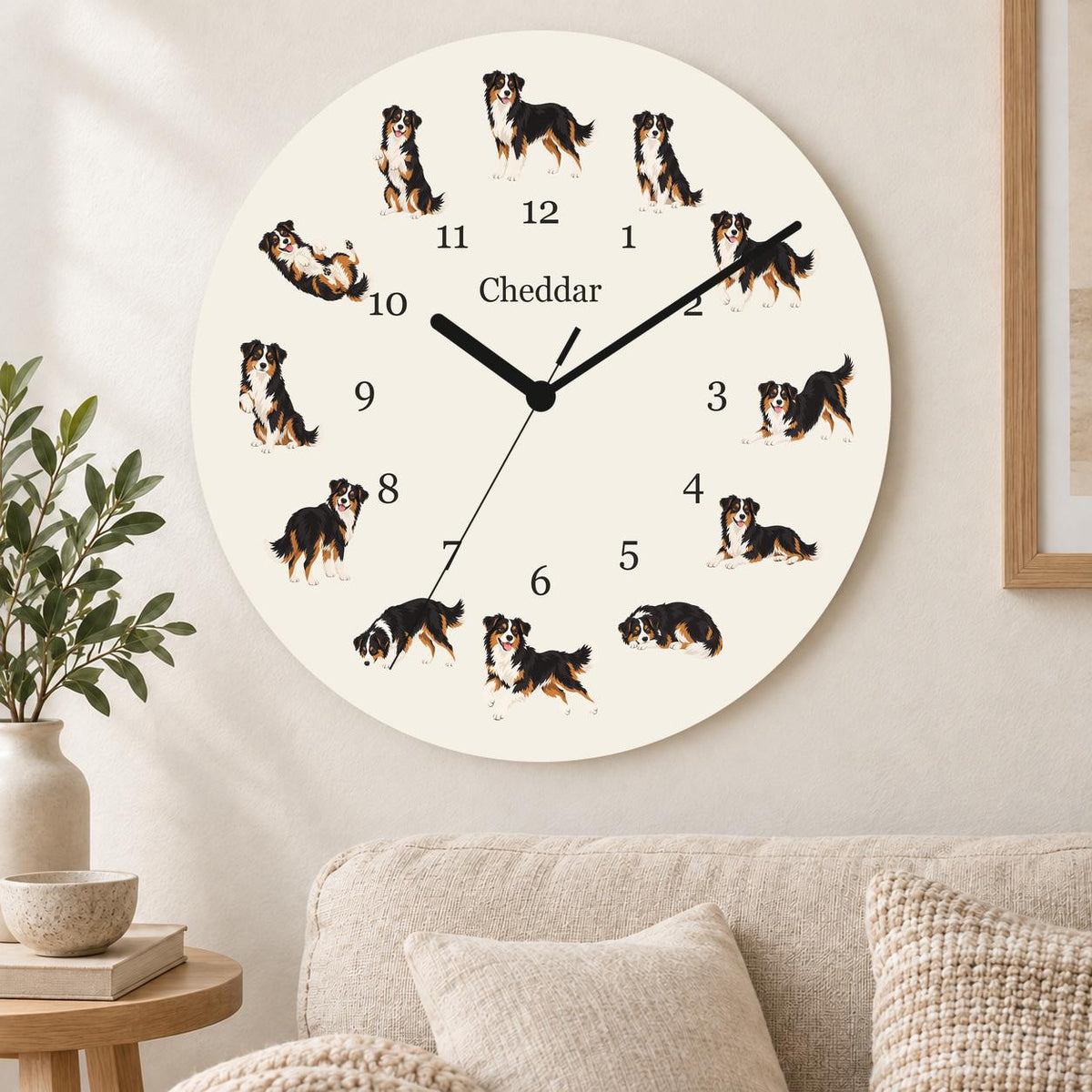 Personalized Miniature American Shepherd wooden wall clock with example name Cheddar; living room