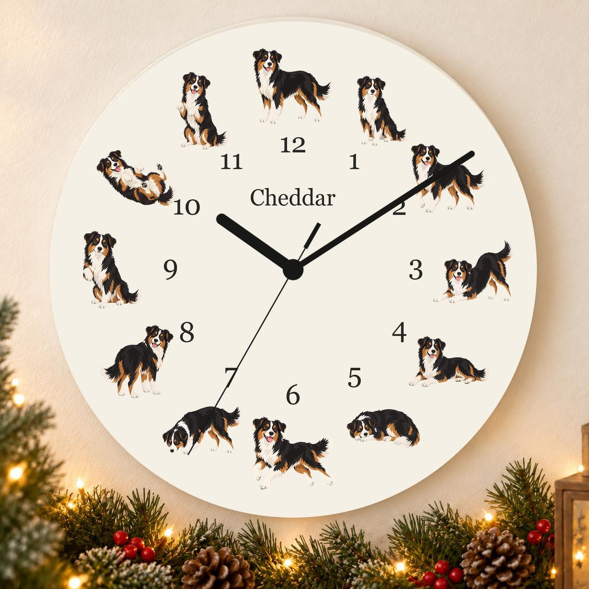 Personalized Miniature American Shepherd wooden wall clock with example name Cheddar; holiday