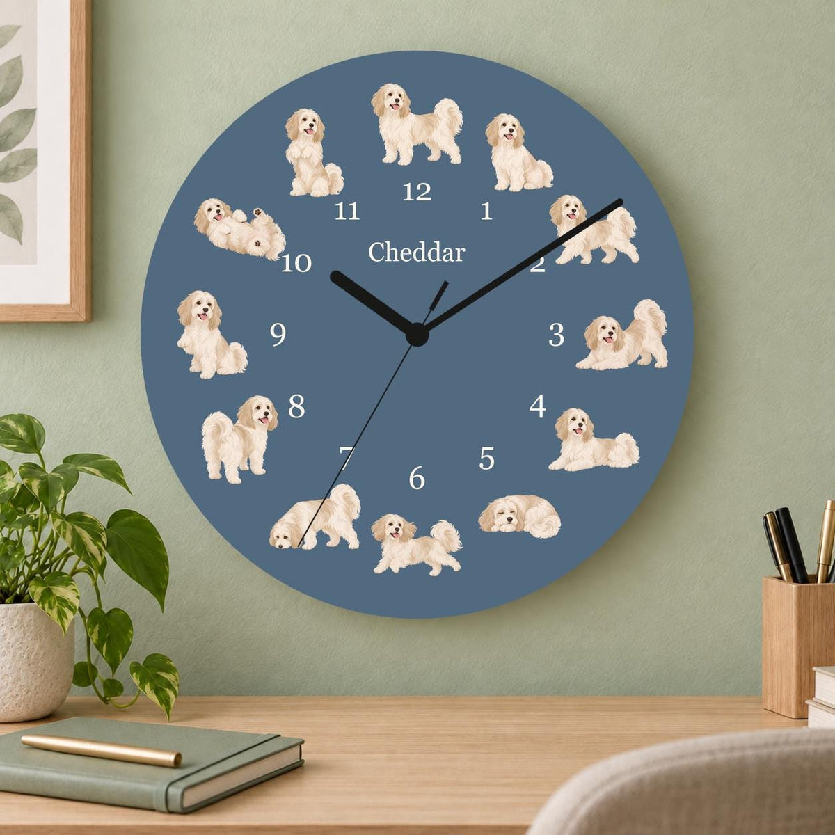 Personalized Havanese wooden wall clock with example name Cheddar; home office