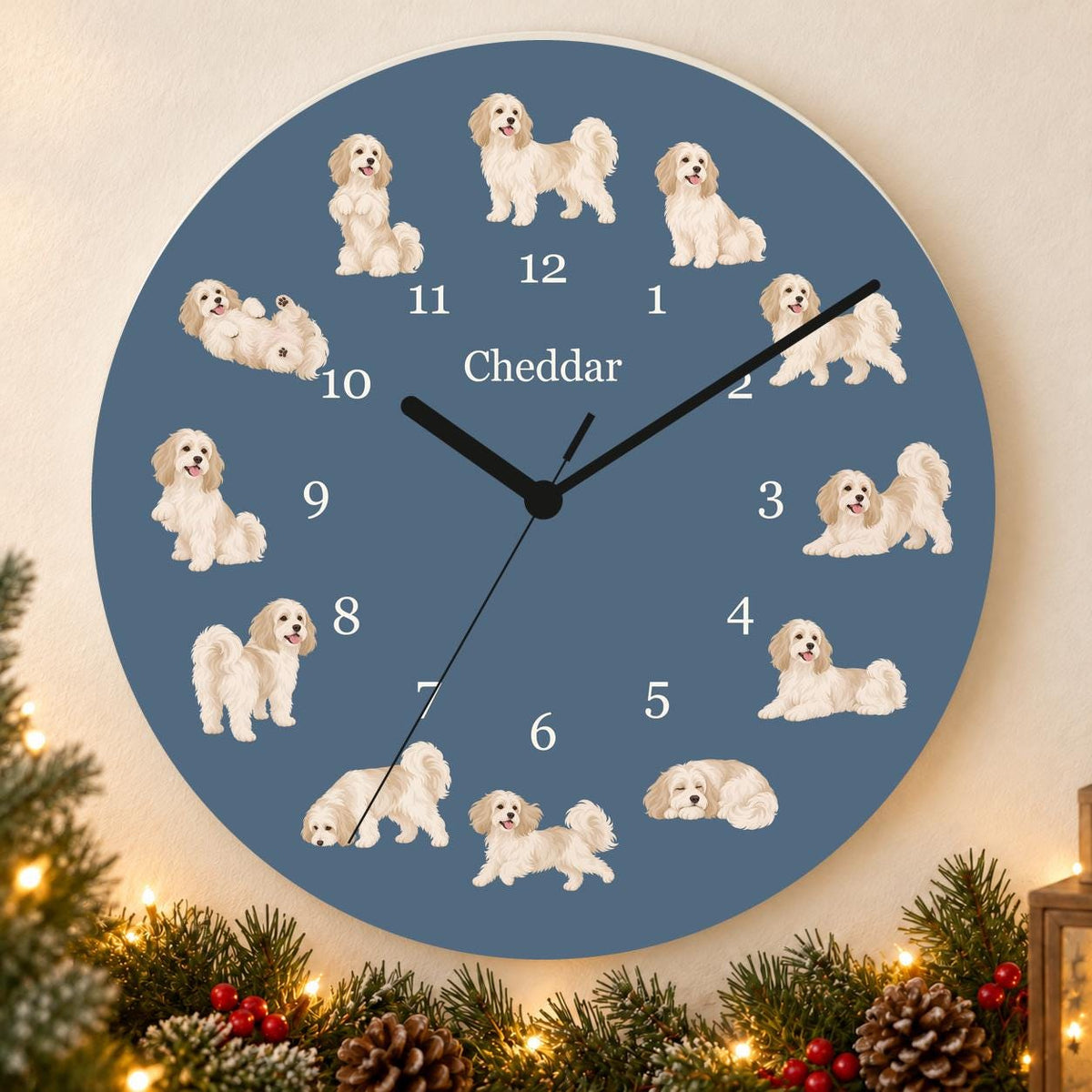 Personalized Havanese wooden wall clock with example name Cheddar; holiday
