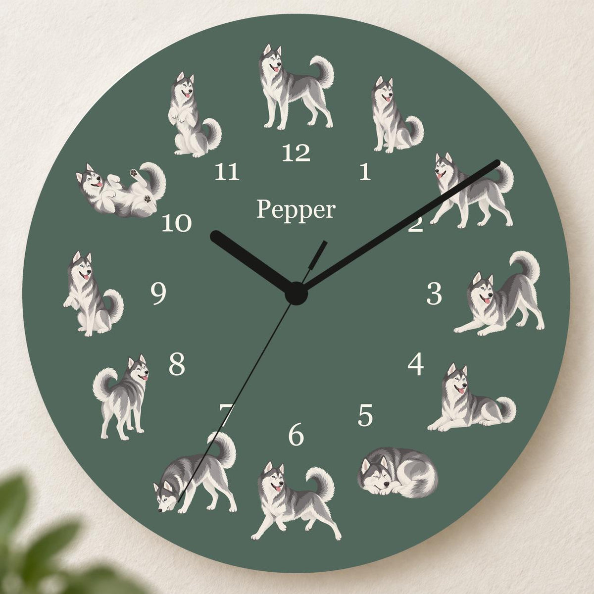 Personalized Siberian Husky wooden wall clock with example name Pepper; hero