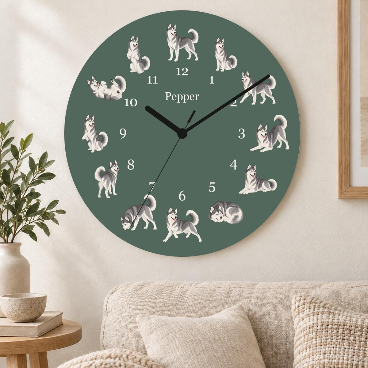 Personalized Siberian Husky wooden wall clock with example name Pepper; living room