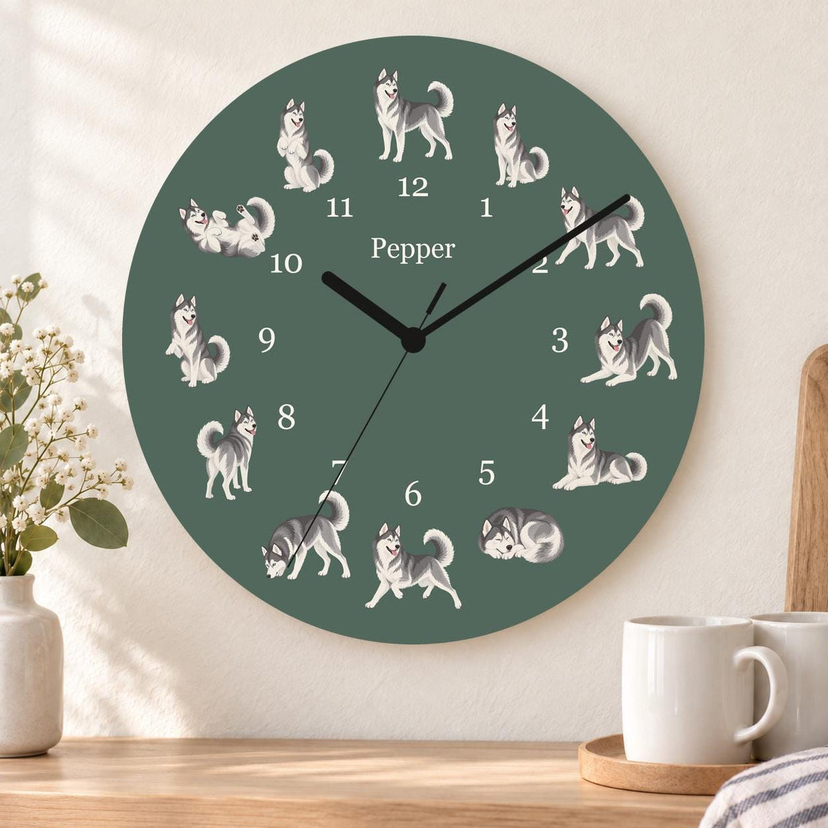 Personalized Siberian Husky wooden wall clock with example name Pepper; kitchen