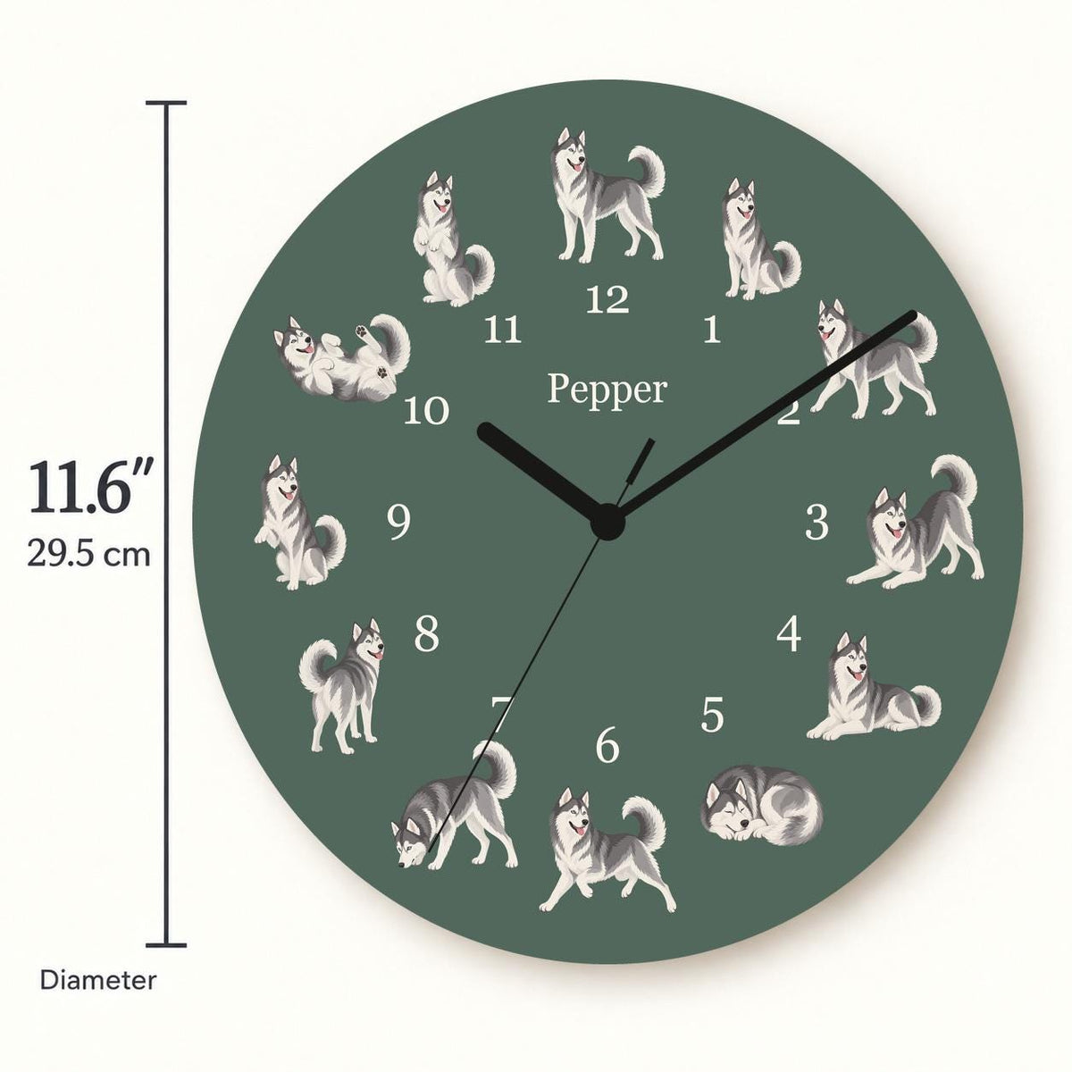 Personalized Siberian Husky wooden wall clock with example name Pepper; size