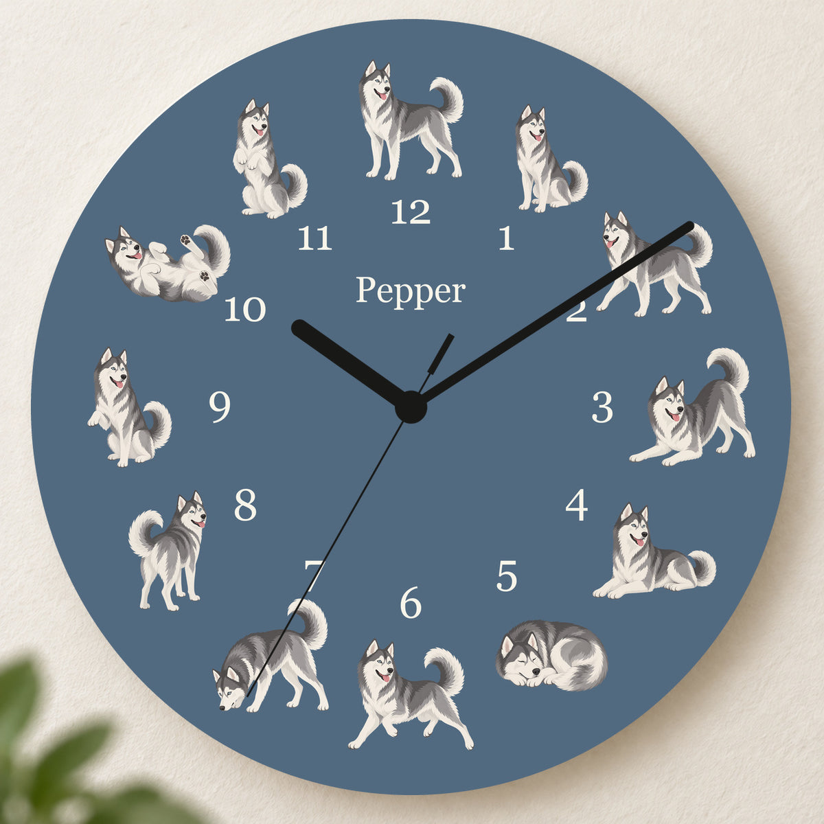 Personalized Siberian Husky Wall Clock, Custom Pet Name, 11.6 Inch Wooden Clock — Muted Denim background