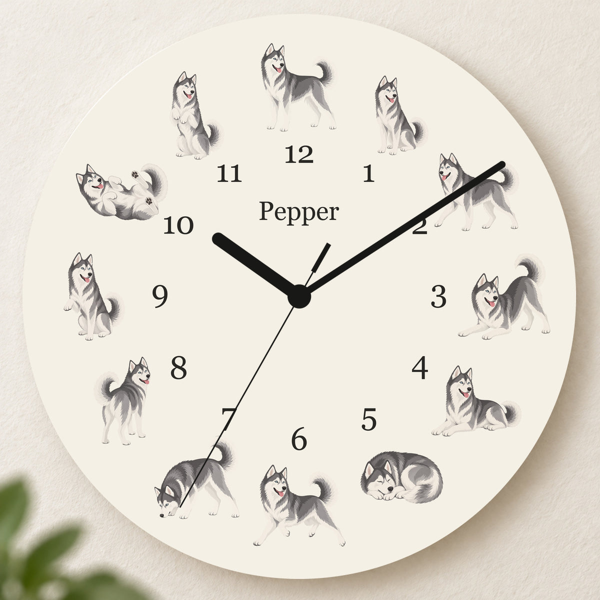 Personalized Siberian Husky Wall Clock, Custom Pet Name, 11.6 Inch Wooden Clock — Warm Ivory background
