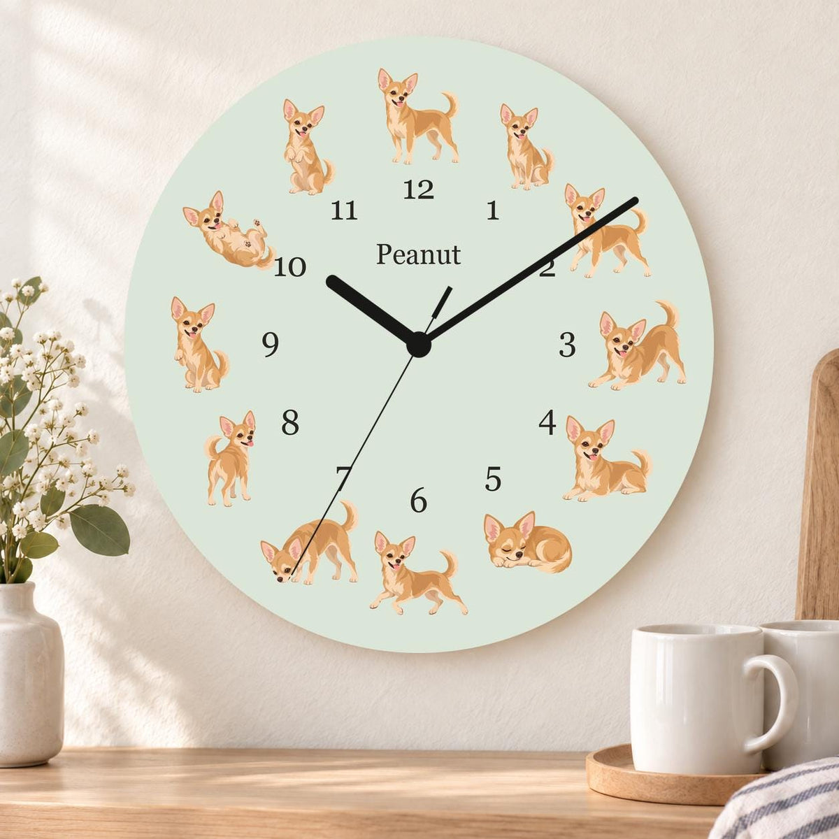 Personalized Chihuahua wooden wall clock with example name Peanut; kitchen