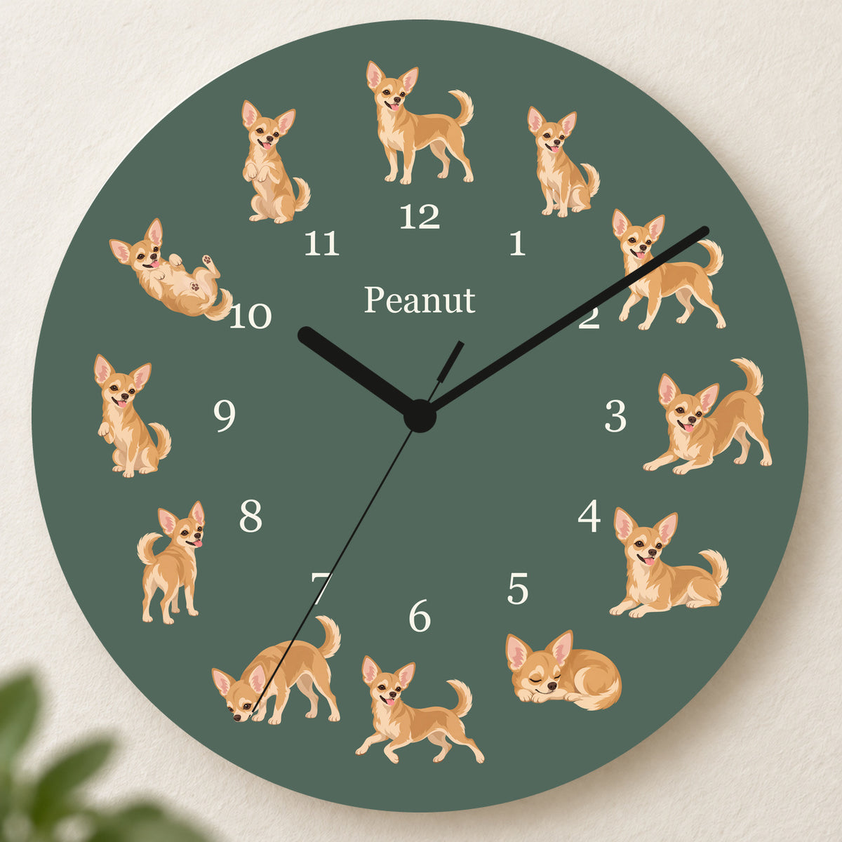 Personalized Chihuahua Wall Clock, Custom Pet Name, 11.6 Inch Wooden Clock — Deep Sage background