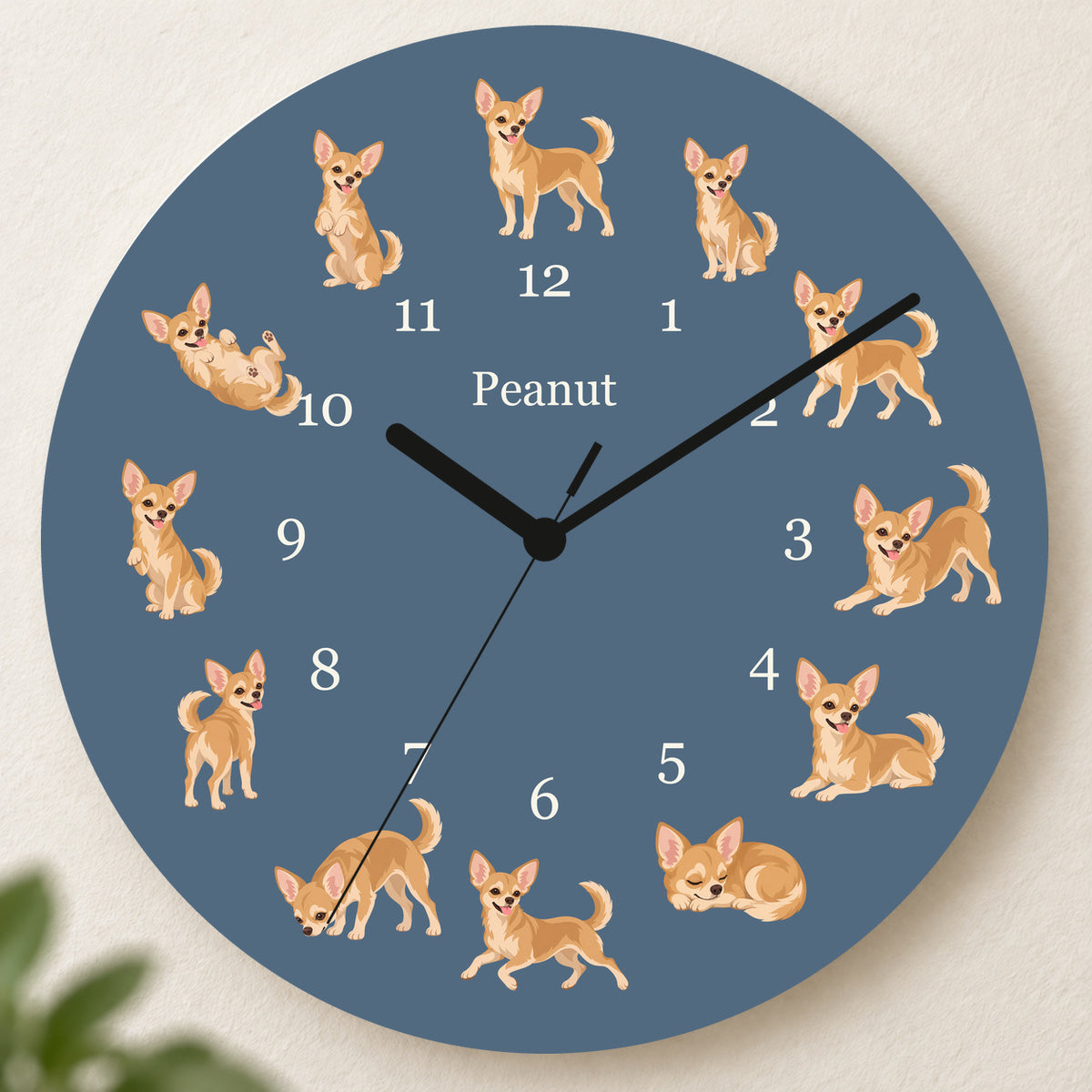 Personalized Chihuahua Wall Clock, Custom Pet Name, 11.6 Inch Wooden Clock — Muted Denim background