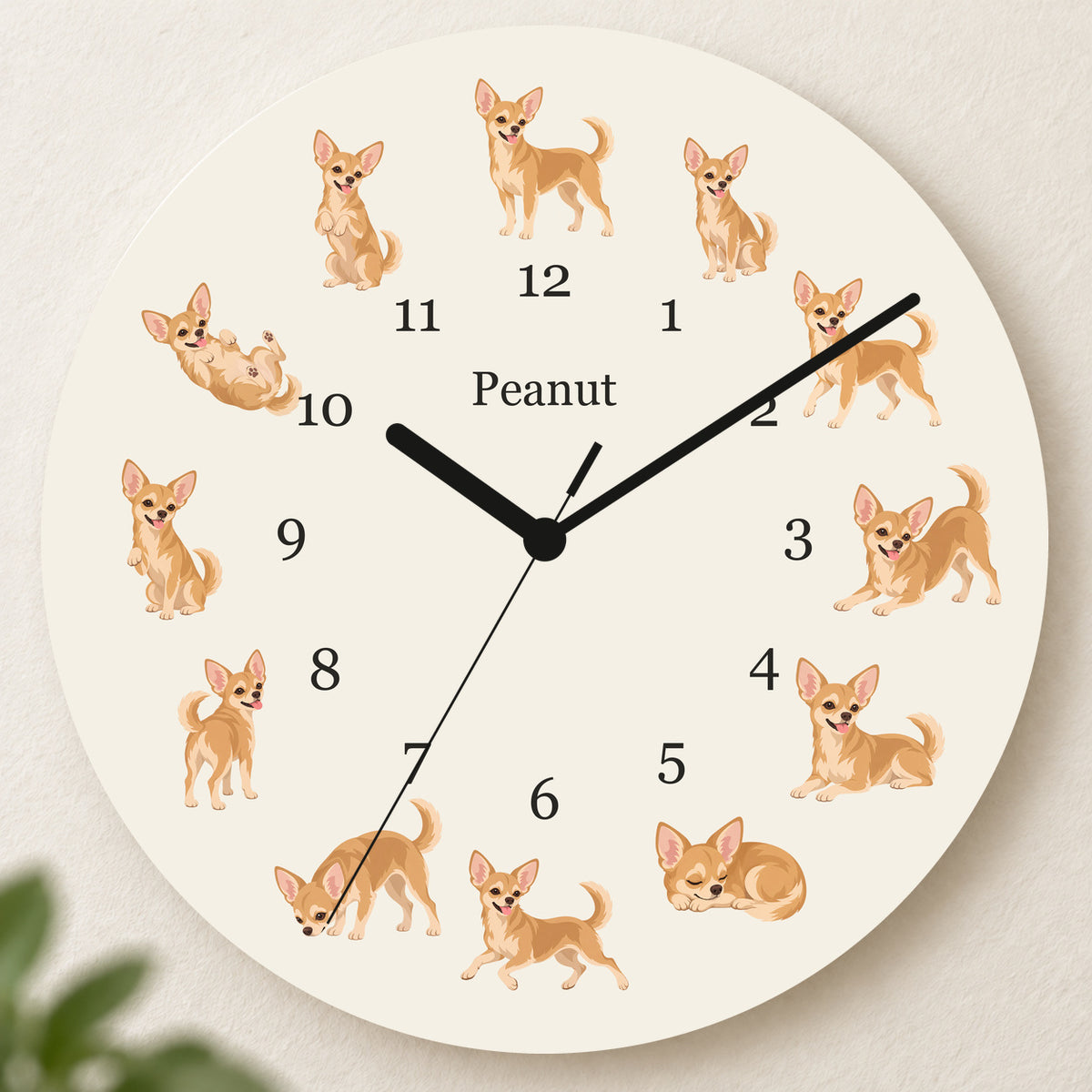 Personalized Chihuahua Wall Clock, Custom Pet Name, 11.6 Inch Wooden Clock — Warm Ivory background