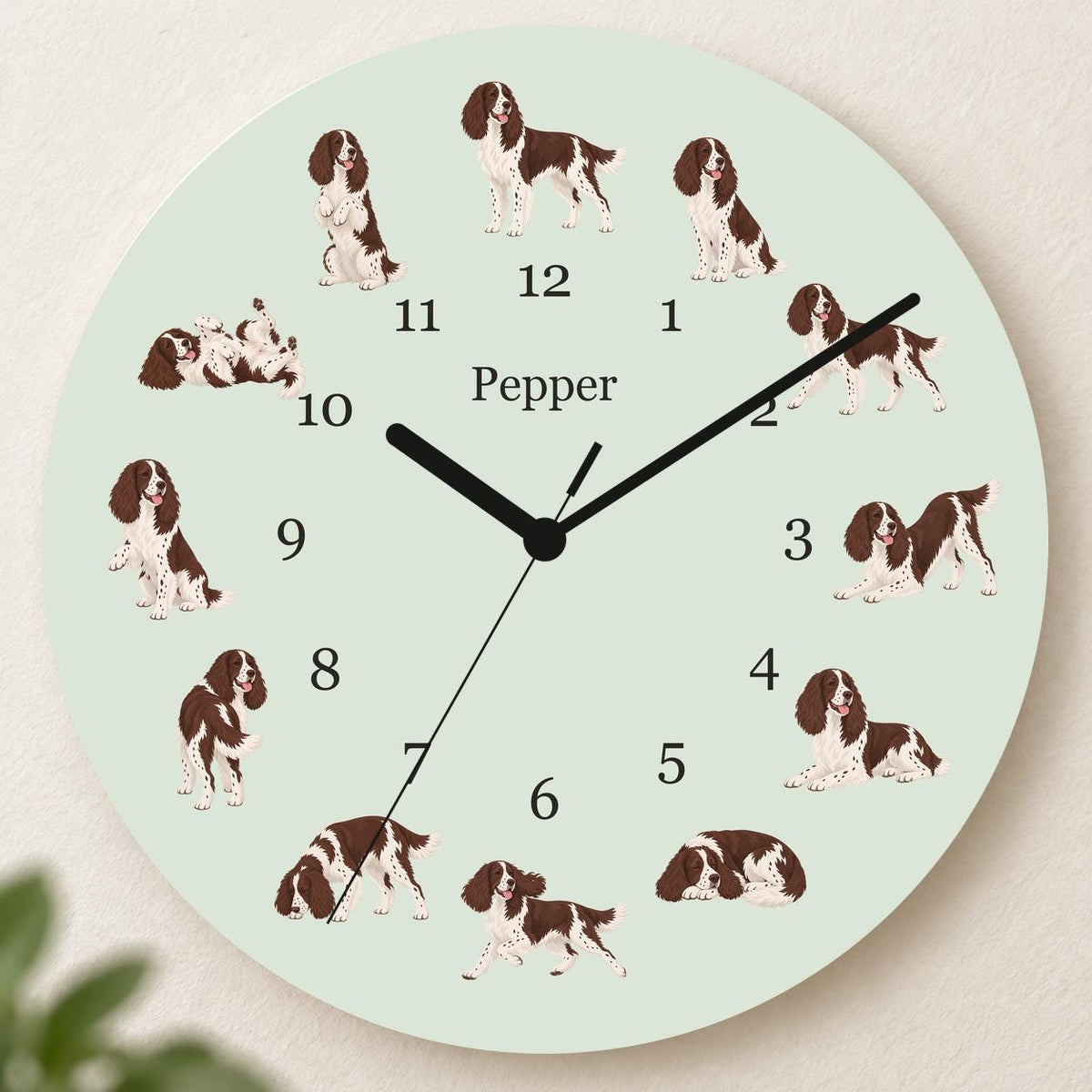 Personalized English Springer Spaniel wooden wall clock with example name Pepper; hero