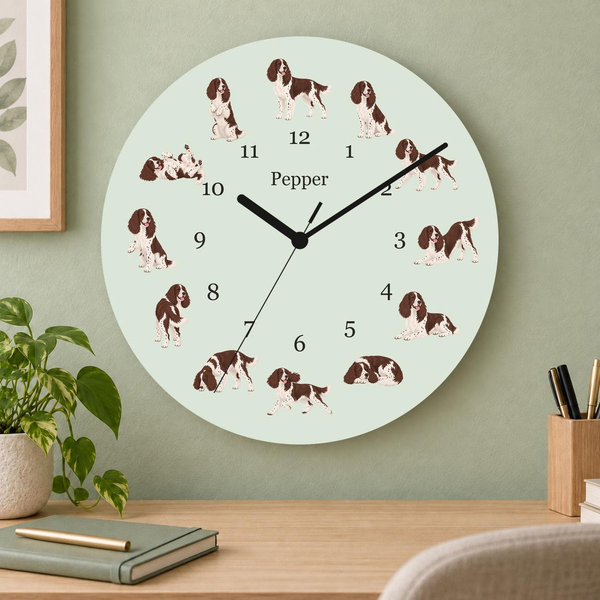 Personalized English Springer Spaniel wooden wall clock with example name Pepper; home office