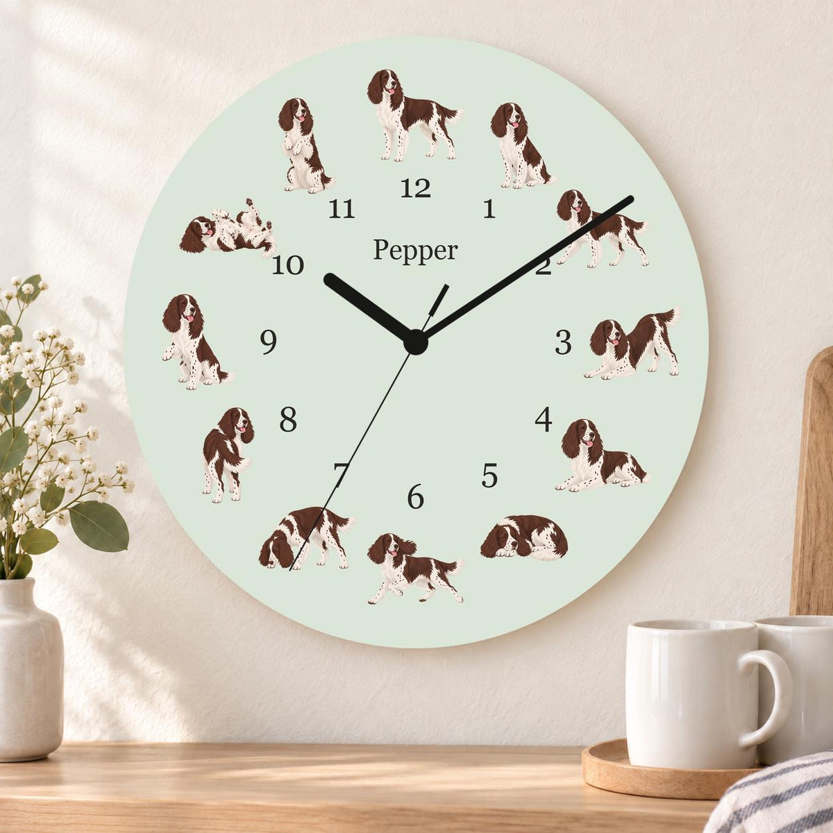 Personalized English Springer Spaniel wooden wall clock with example name Pepper; kitchen